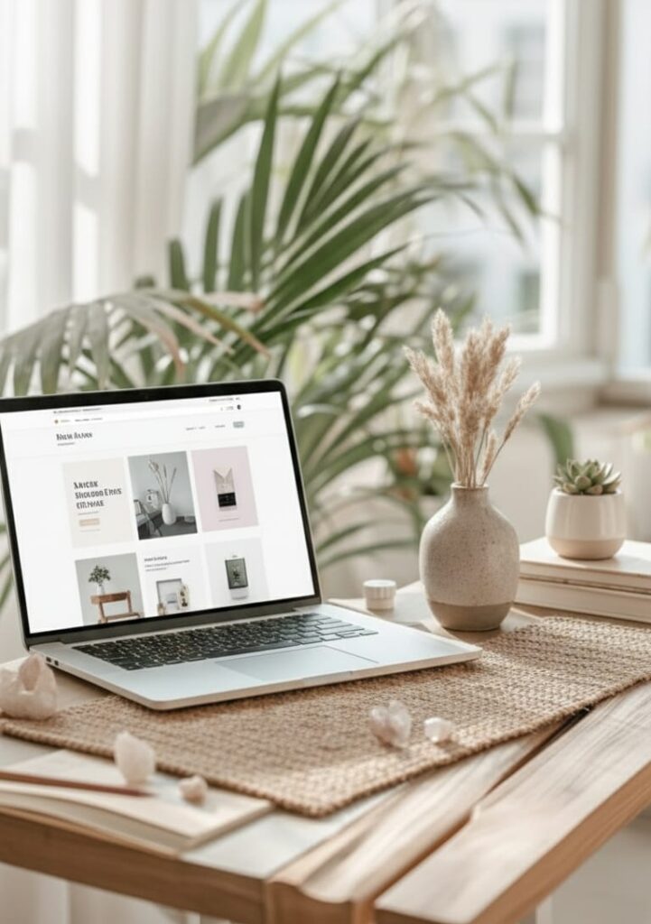 a open laptop on a wooden desk with bright colors
