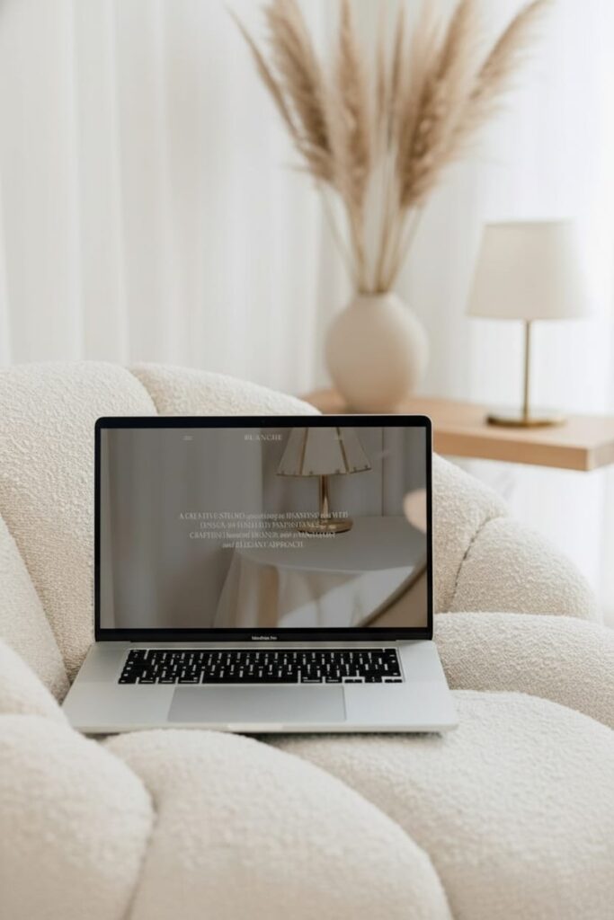 a open laptop on a white cozy couch with bright colors